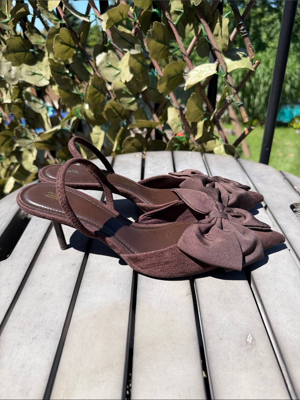 Zara Brown Pointed Toe Slingback Heels with Bow